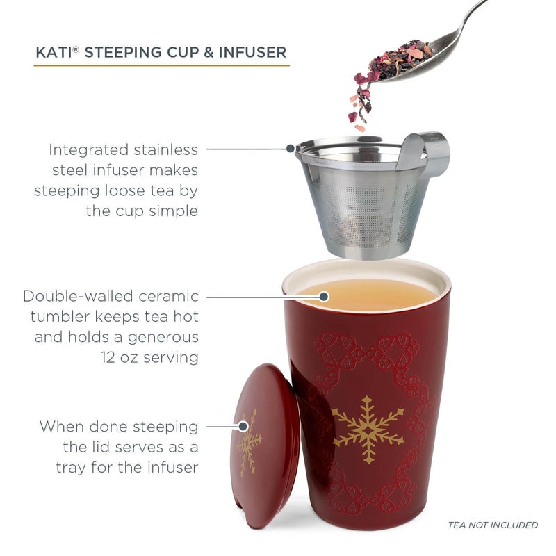 Tea Forte Double-Walled Ceramic Kati Cup, Removable Stainless Steel Infuser Basket and Lid, Steeps 12 oz Loose Leaf Tea, Dishwasher & Microwave Safe, Warming Joy - Image 3