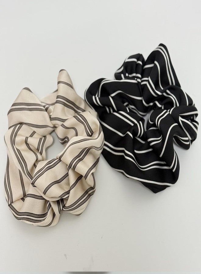 Jseng 2PCS Large Satin Silk Scrunchies for Hair, Stripe Hair Ties, Beige and Black - Image 3