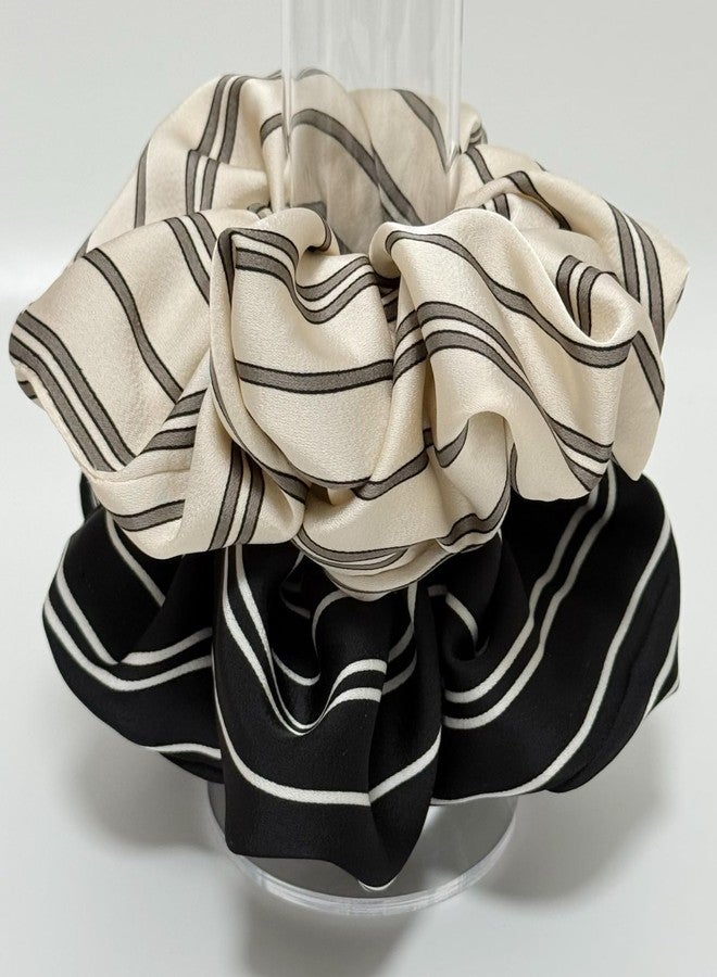Jseng 2PCS Large Satin Silk Scrunchies for Hair, Stripe Hair Ties, Beige and Black - Image 5