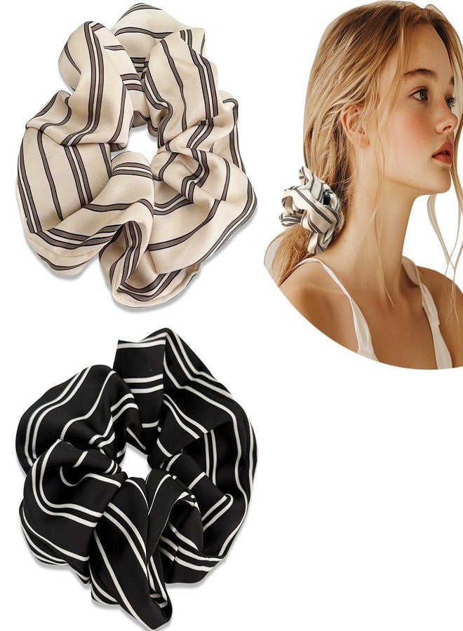 Jseng 2PCS Large Satin Silk Scrunchies for Hair, Stripe Hair Ties, Beige and Black - Image 1