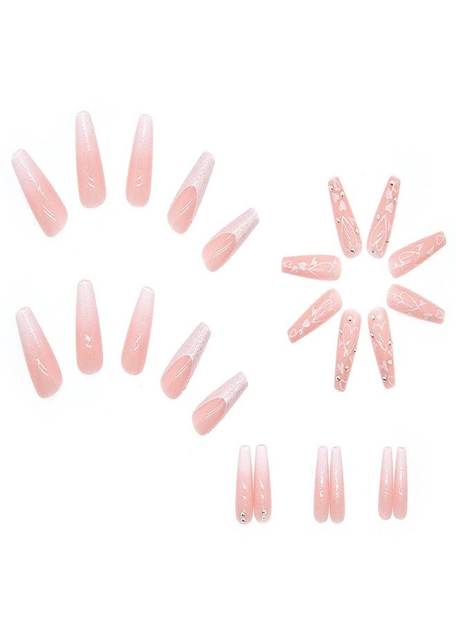 KRTBKR 24 Pcs Heart Pink French Tip Press on Nails Long Coffin Fake Nails Glitter Rhinestones Glossy False Nails Full Cover Heart Stick on Nails with Glue on Nails for Women Girls DIY Nail Manicure Tip - Image 4