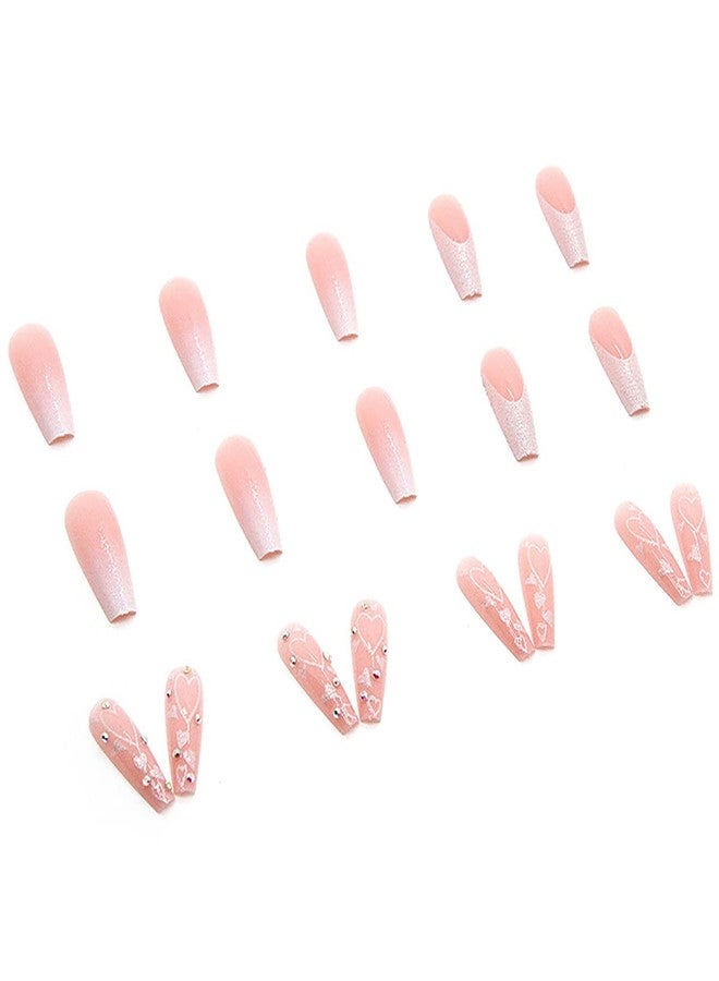 KRTBKR 24 Pcs Heart Pink French Tip Press on Nails Long Coffin Fake Nails Glitter Rhinestones Glossy False Nails Full Cover Heart Stick on Nails with Glue on Nails for Women Girls DIY Nail Manicure Tip - Image 5