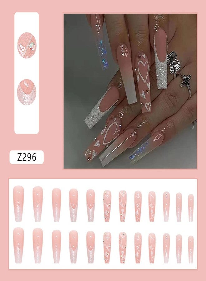 KRTBKR 24 Pcs Heart Pink French Tip Press on Nails Long Coffin Fake Nails Glitter Rhinestones Glossy False Nails Full Cover Heart Stick on Nails with Glue on Nails for Women Girls DIY Nail Manicure Tip - Image 2