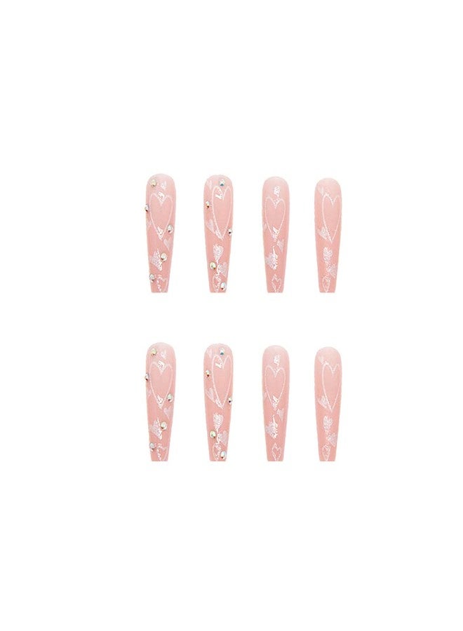 KRTBKR 24 Pcs Heart Pink French Tip Press on Nails Long Coffin Fake Nails Glitter Rhinestones Glossy False Nails Full Cover Heart Stick on Nails with Glue on Nails for Women Girls DIY Nail Manicure Tip - Image 3