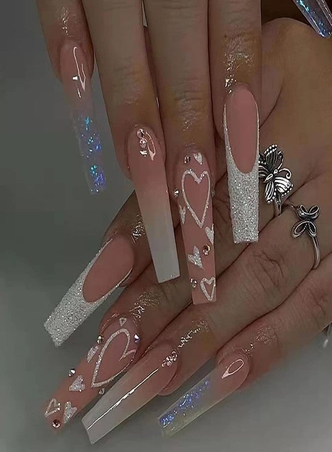 KRTBKR 24 Pcs Heart Pink French Tip Press on Nails Long Coffin Fake Nails Glitter Rhinestones Glossy False Nails Full Cover Heart Stick on Nails with Glue on Nails for Women Girls DIY Nail Manicure Tip - Image 1