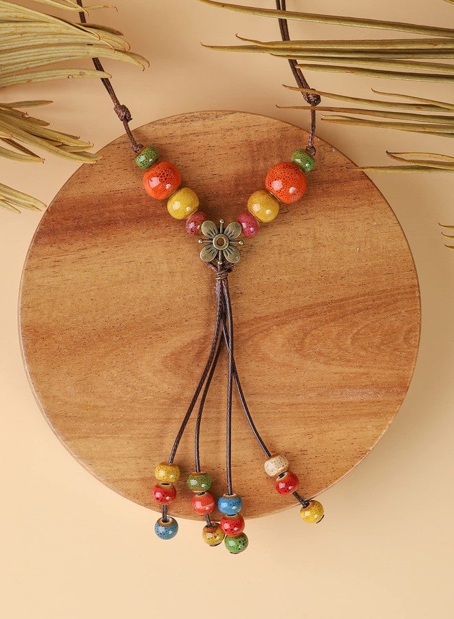 MINACHI Bohemian Flower Colorful Ceramic Beads Lariat Necklace, Tassel Beaded Jewelry, Gifts for Women - Image 4