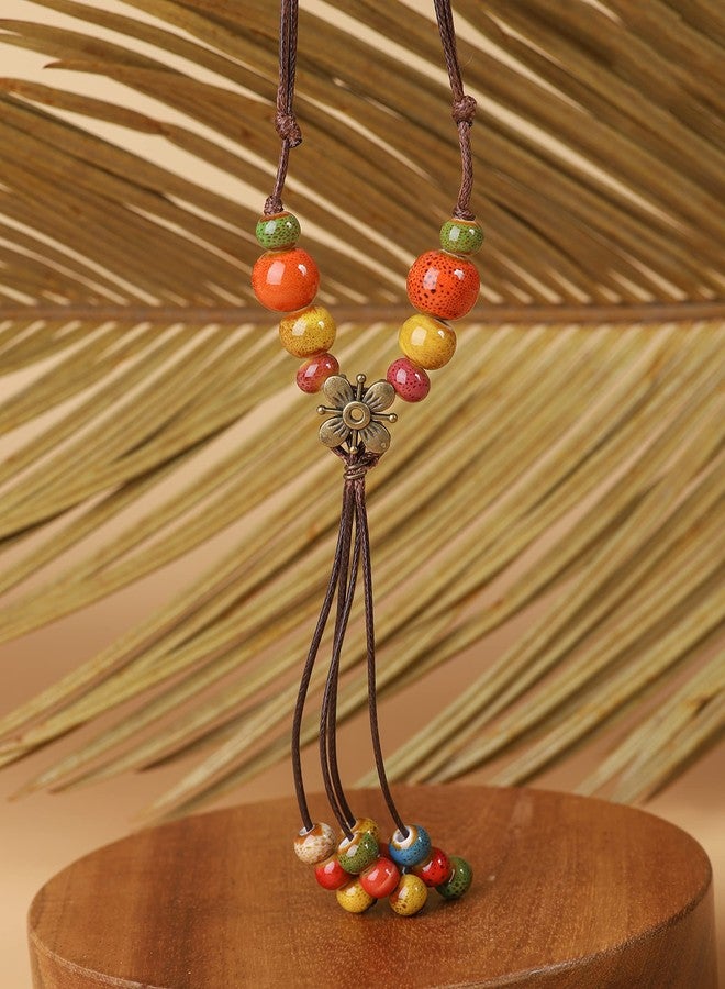 MINACHI Bohemian Flower Colorful Ceramic Beads Lariat Necklace, Tassel Beaded Jewelry, Gifts for Women - Image 3