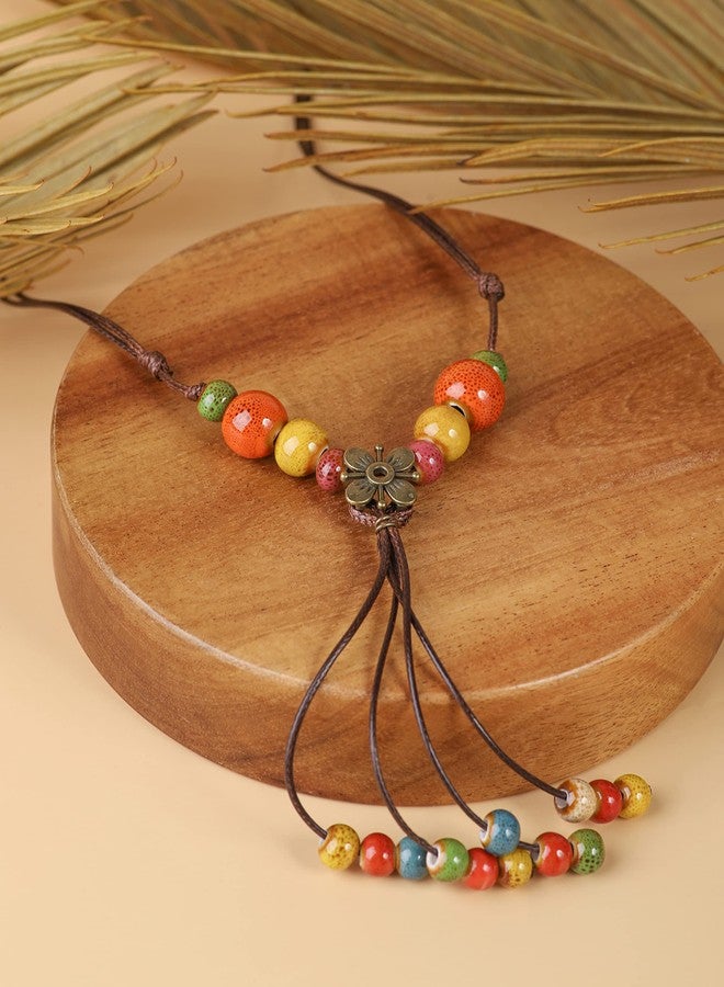MINACHI Bohemian Flower Colorful Ceramic Beads Lariat Necklace, Tassel Beaded Jewelry, Gifts for Women - Image 2