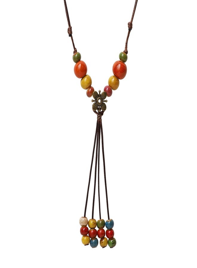 MINACHI Bohemian Flower Colorful Ceramic Beads Lariat Necklace, Tassel Beaded Jewelry, Gifts for Women - Image 1