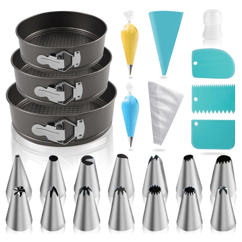 Yumatouch 122PCs Cake Pan Sets for Baking, 7/8/9 Inch Round Cake Pans, Nonstick Springform Cake Pans, Cheesecake Baking Pans with 100 Pcs Piping Bags, 16 Pcs Nozzles, 3 Pcs Scrappers - Image 1