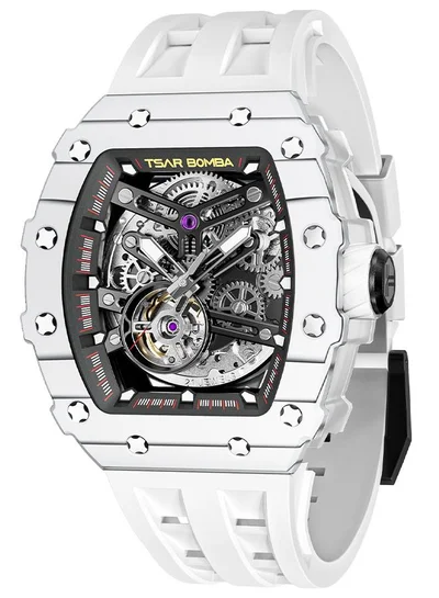TSAR BOMBA Elemental Series 43mm Automatic Men's Watch with White Premium Rubber Strap