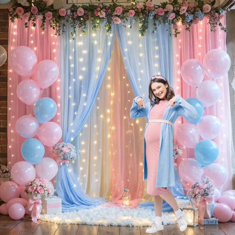 Suppromo Pink and Blue Backdrop Curtains with Lights String for Baby Shower Sheer Tulle Backdrop Curtain for Gender Reveal Birthday Party Bridal Shower Photo Shoot Background Decorations 2 Panels 5Ã—10ft - Image 2