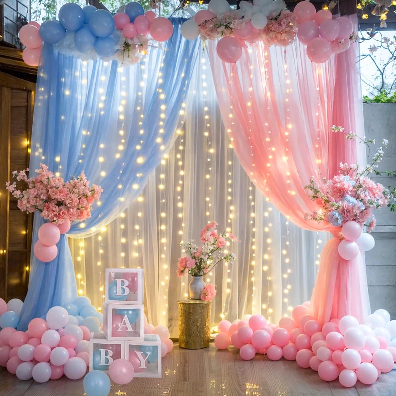 Suppromo Pink and Blue Backdrop Curtains with Lights String for Baby Shower Sheer Tulle Backdrop Curtain for Gender Reveal Birthday Party Bridal Shower Photo Shoot Background Decorations 2 Panels 5Ã—10ft - Image 1