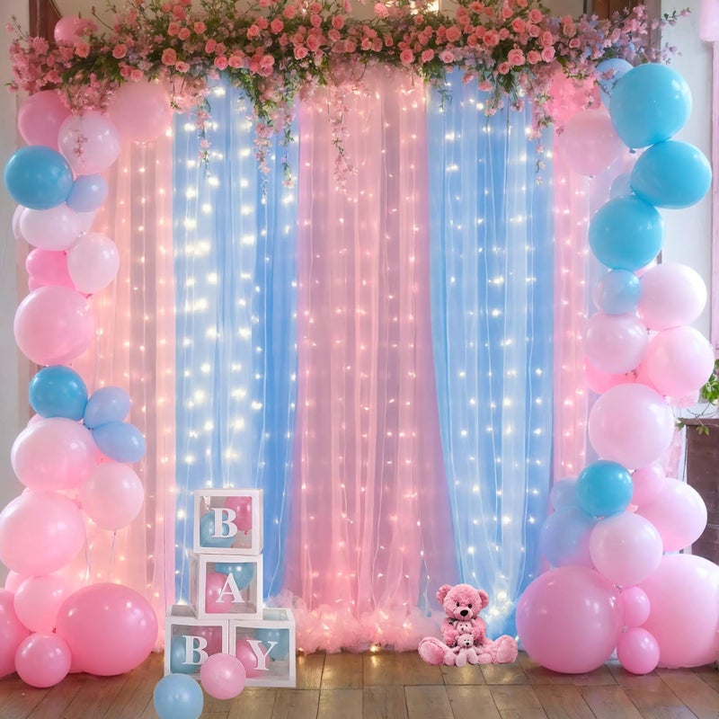 Suppromo Pink and Blue Backdrop Curtains with Lights String for Baby Shower Sheer Tulle Backdrop Curtain for Gender Reveal Birthday Party Bridal Shower Photo Shoot Background Decorations 2 Panels 5Ã—10ft - Image 3