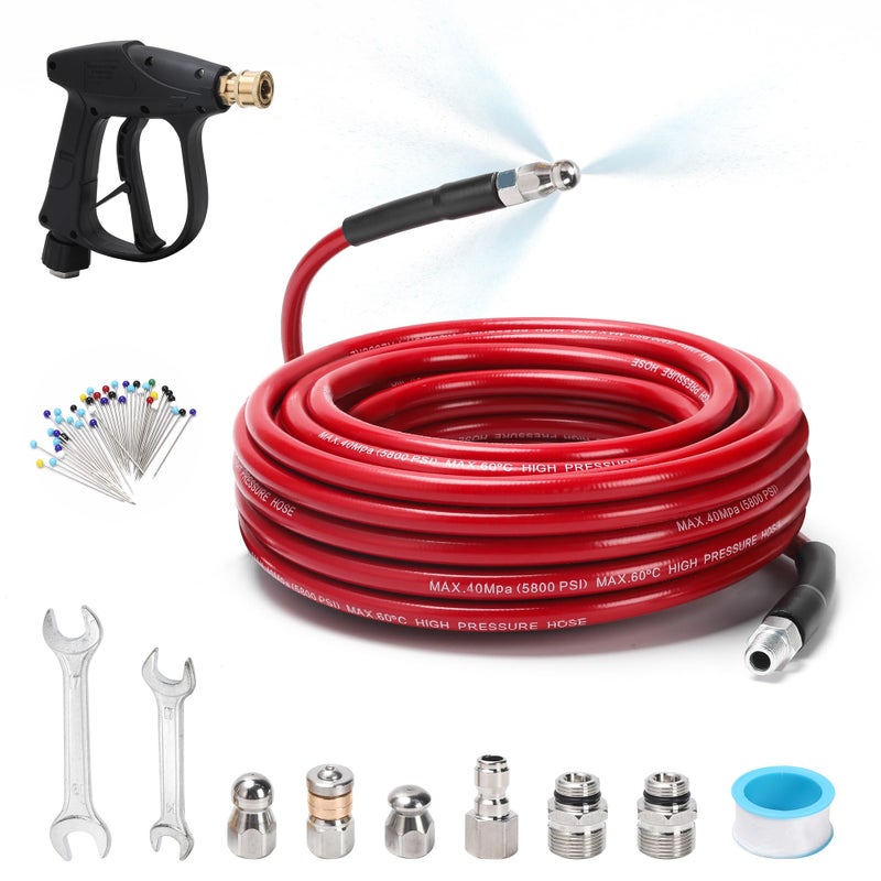 SEPLY Sewer Jetter Kit for Pressure Washer 50 FT, Drain Cleaner Hose with Power Washer Gun, 1/4 Inch NPT Corner, Rotating and Button Nose Sewer Jetting Nozzle,Waterproof Tape, Pearl Corsage Pin, Spanner - Image 1