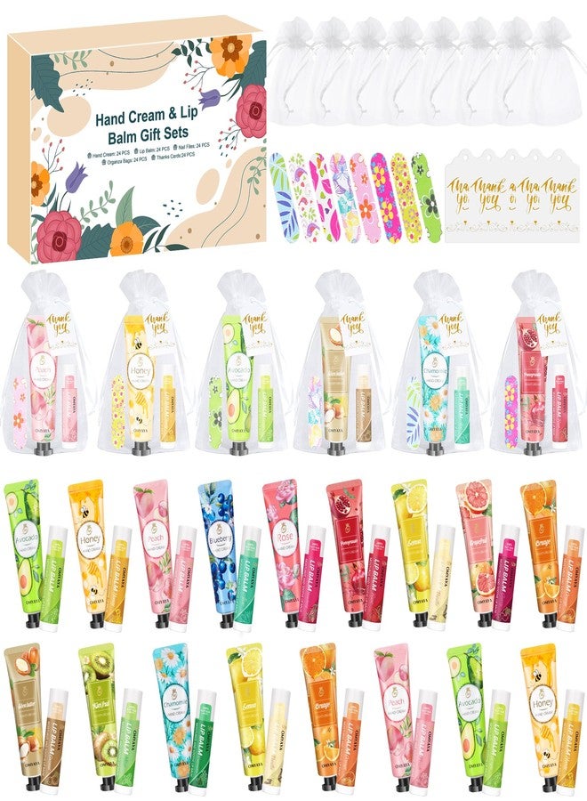 YUEONEWIN 24 Sets Bulk Gifts For Women, Hand Cream Lotion, Lip Balm, Mini Nail Files Gifts Set with Organza Bags, Thank You Card, Baby Shower Bridal Wedding Favor for Guests, Christmas Gifts for Women - Image 1