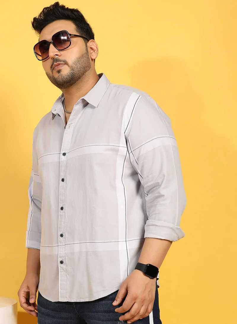 Instafab Plus Instafab Plus Men's Tartan Plaid Light Grey Button Up Plus-Size Fit Shirt For Casual Wear | Cotton Twill Spread Collar Shirt Crafted With Regular Sleeve & Comfort Fit For Everyday Wear