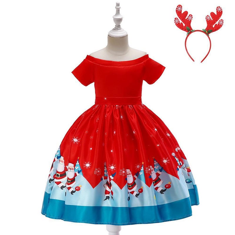 Girls Christmas Dress Christmas Dress Party Costume Childrens Cos Santa Claus Costume Princess Dress SD040F-Red (with headband)