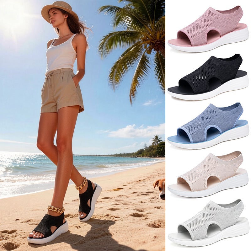 New Cross-border Flat Knitted Sandals Breathable Soft Sole Summer Women's Beach Sandals - Image 1