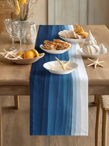 Vandarllin Blue White Table Runner, Non-Slip Dining Table Runners for Kitchen, Ombre Ocean Wave Coffee Table Runners Dresser Scarf for Living Room Garden Wedding Parties (13x70 inches Long) - Image 2
