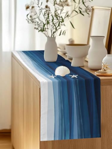 Vandarllin Blue White Table Runner, Non-Slip Dining Table Runners for Kitchen, Ombre Ocean Wave Coffee Table Runners Dresser Scarf for Living Room Garden Wedding Parties (13x70 inches Long) - Image 4