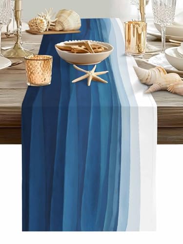 Vandarllin Blue White Table Runner, Non-Slip Dining Table Runners for Kitchen, Ombre Ocean Wave Coffee Table Runners Dresser Scarf for Living Room Garden Wedding Parties (13x70 inches Long) - Image 1
