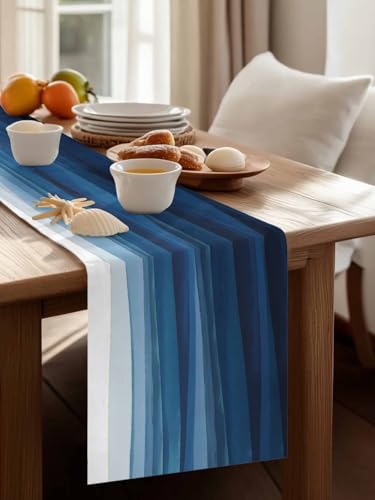 Vandarllin Blue White Table Runner, Non-Slip Dining Table Runners for Kitchen, Ombre Ocean Wave Coffee Table Runners Dresser Scarf for Living Room Garden Wedding Parties (13x70 inches Long) - Image 3