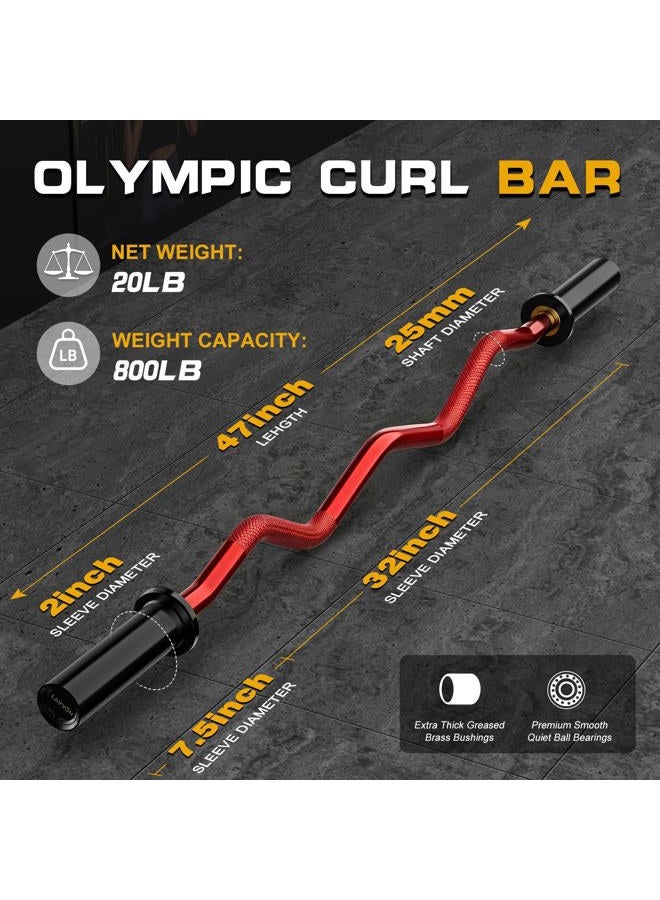 LAVVON Olympic EZ Curl Barbell Bar 47",Mute Bearings - 2" Curl Bar for Weight Lifting, Hip Thrusts,Biceps,Squat-Home Gym Weight Bar-Chrome Curling Strength Training, 2Pcs Collars(800lbs Weight Capacity) (Red - Image 3