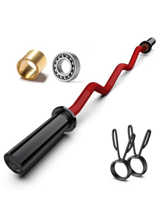 LAVVON Olympic EZ Curl Barbell Bar 47",Mute Bearings - 2" Curl Bar for Weight Lifting, Hip Thrusts,Biceps,Squat-Home Gym Weight Bar-Chrome Curling Strength Training, 2Pcs Collars(800lbs Weight Capacity) (Red - Image 1