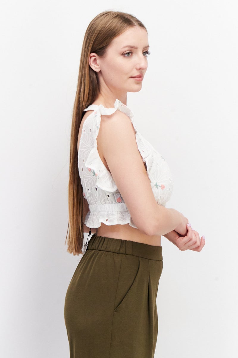 LOST INK Women V-Neck Ruffle Sleeves Eyelet Tops, White - Image 2