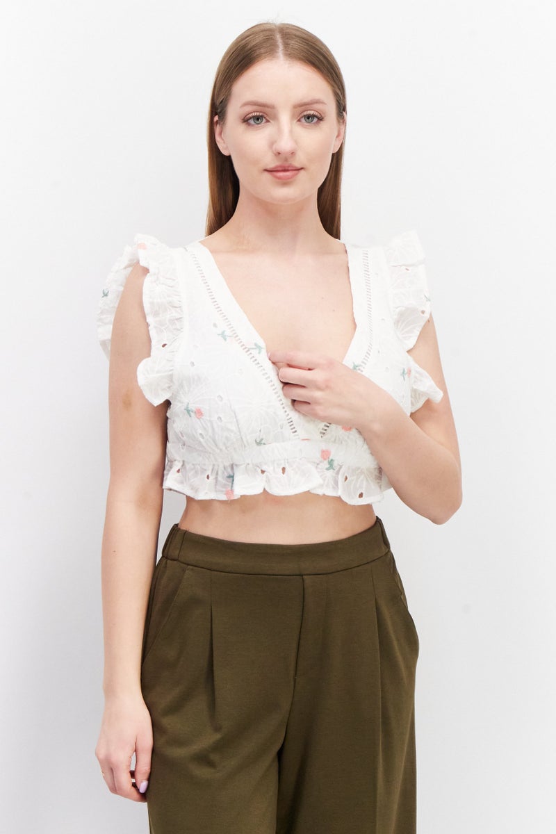 LOST INK Women V-Neck Ruffle Sleeves Eyelet Tops, White - Image 1