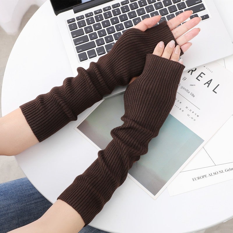 Fashion Knitted Fingerless Long Arm Warmers Coffee 