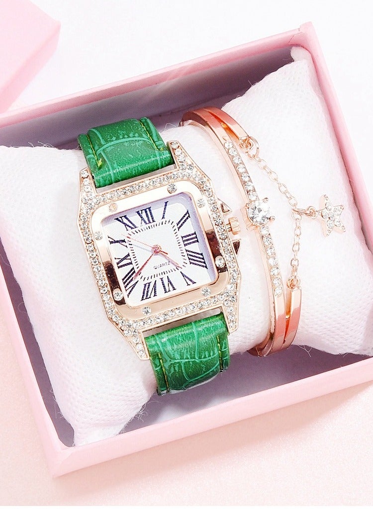 Fashionable bucket shaped square women's quartz watch with exquisite rhinestones on the dial, a two-piece set of watches and bracelets - Image 3
