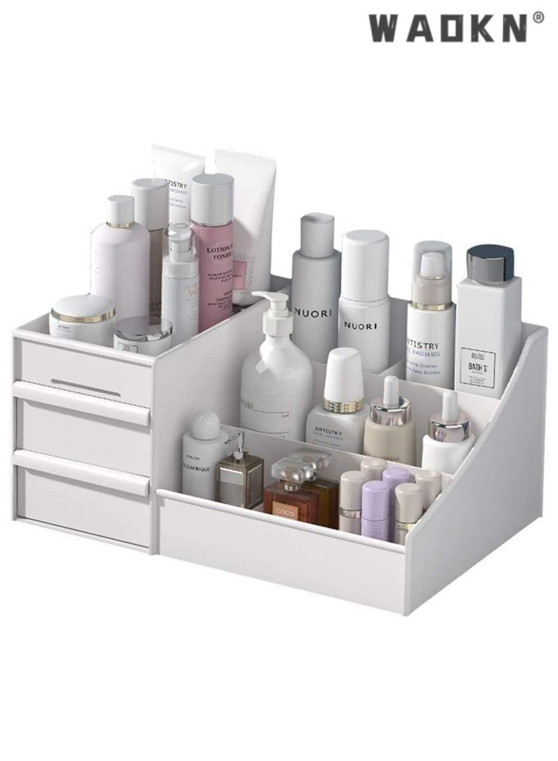 WAOKN Makeup organizer,Cosmetic Storage Box with Drawer for Bathroom, Countertop, Bedroom Dresser, Vanity Box，fits jewelry, lipsticks ，Skincare, Brushes, Lotions and more（ivory white） - Image 1
