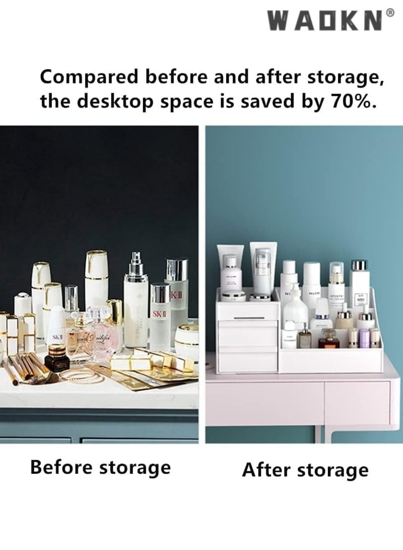 WAOKN Makeup organizer,Cosmetic Storage Box with Drawer for Bathroom, Countertop, Bedroom Dresser, Vanity Box，fits jewelry, lipsticks ，Skincare, Brushes, Lotions and more（ivory white） - Image 2