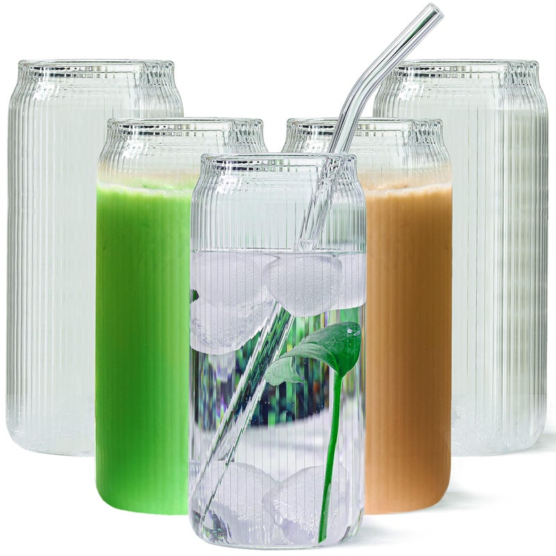 Le'raze Set of 6 Ribbed Can Shaped Glass Cups with Glass Straws - 16oz Can Glass Drinking Glasses, Iced Coffee & Ice Tea Glasses, Clear Kitchen Tumbler Cup Cocktail Glass for Soda, Kiddush Cups & Sets - Image 1