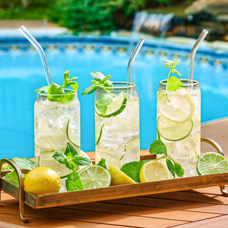 Le'raze Set of 6 Ribbed Can Shaped Glass Cups with Glass Straws - 16oz Can Glass Drinking Glasses, Iced Coffee & Ice Tea Glasses, Clear Kitchen Tumbler Cup Cocktail Glass for Soda, Kiddush Cups & Sets - Image 4