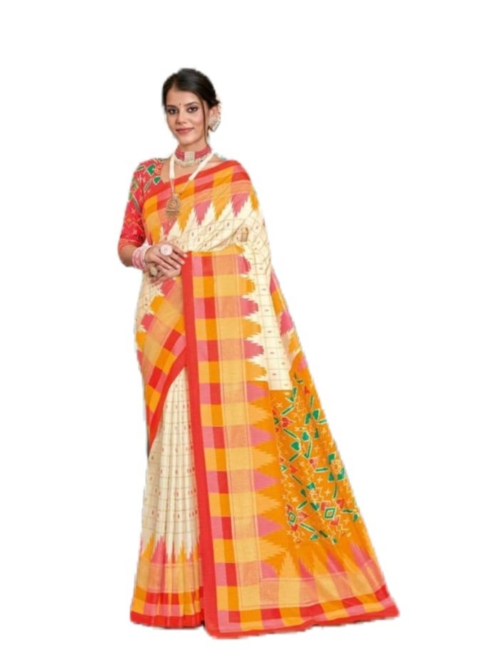 Grab Mantra - Kathi Silk Chex Saree With Yellow Red Border And Unstitched Blouse - Image 1