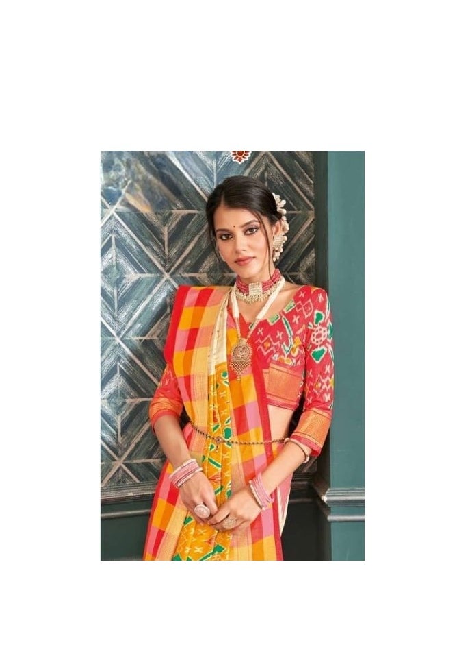 Grab Mantra - Kathi Silk Chex Saree With Yellow Red Border And Unstitched Blouse - Image 1