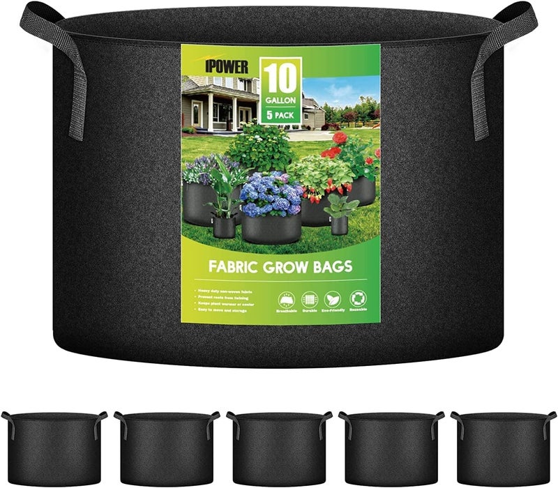 iPower 5-Pack 10 Gallon Plant Grow Bags Thickened Nonwoven Aeration Fabric Pots Heavy Duty Durable Container, Strap Handles for Garden, Black - Image 1