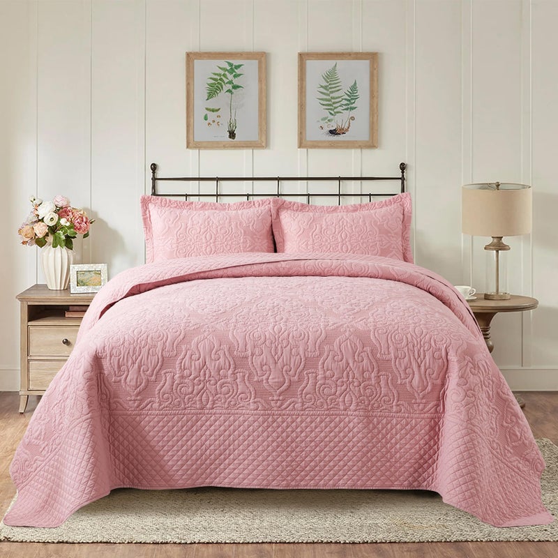 Newlake Quilt Bedspread مجموعة Pink Jacquard النمط الأزهار المنقوش عكسها مجموعة الألياف الدقيقة المغطاة بحجم الملك بحجم الملك - Image 1