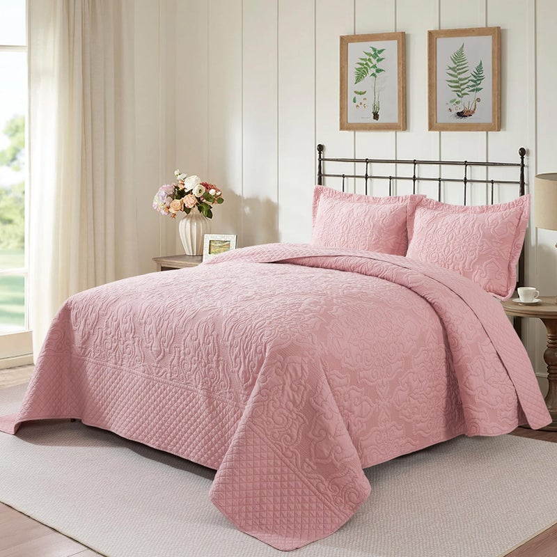Newlake Quilt Bedspread مجموعة Pink Jacquard النمط الأزهار المنقوش عكسها مجموعة الألياف الدقيقة المغطاة بحجم الملك بحجم الملك - Image 5