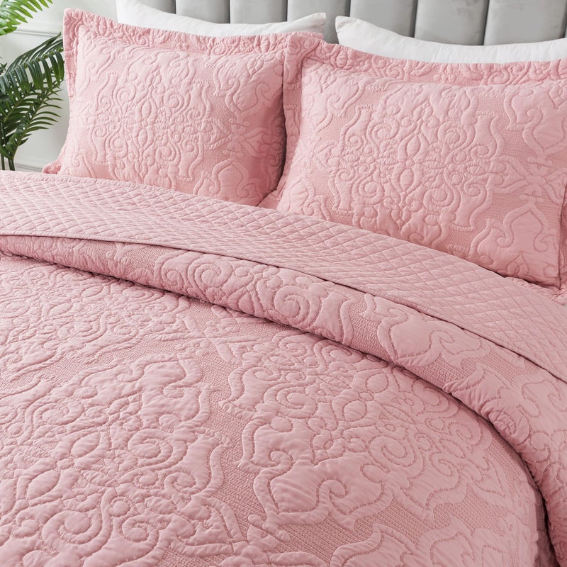 Newlake Quilt Bedspread مجموعة Pink Jacquard النمط الأزهار المنقوش عكسها مجموعة الألياف الدقيقة المغطاة بحجم الملك بحجم الملك - Image 2