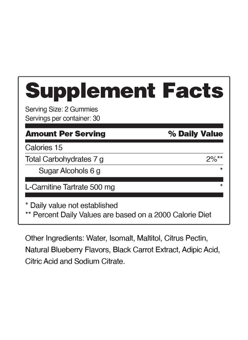 SNAP SUPPLEMENTS - L Carnitine Suger free blueberry gummies  Increased Energy, Jump start metabolism, Exercise recovery, Dietary Supplement 60 Gummies - Image 1