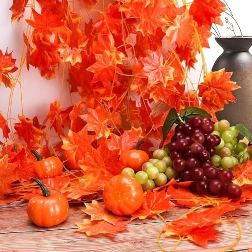 SpecialYou.in Polyester Special You 12pcs Artificial Orange Maple Vines, 8ft Fake Leaves Autum Vines for Backdrop, Wedding, Home Decor, Birhday, Balcony Decor, Festival, Wedding, Aesthetic Room Decor - Image 5