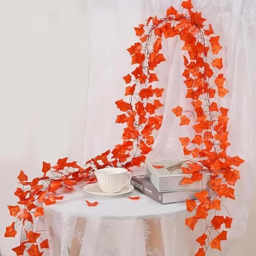 SpecialYou.in Polyester Special You 12pcs Artificial Orange Maple Vines, 8ft Fake Leaves Autum Vines for Backdrop, Wedding, Home Decor, Birhday, Balcony Decor, Festival, Wedding, Aesthetic Room Decor - Image 1