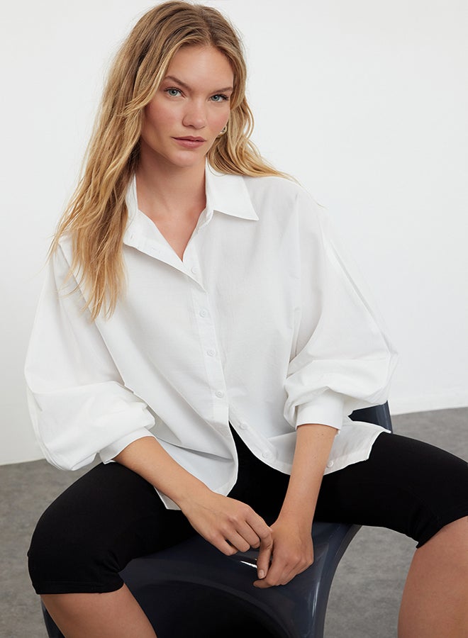 trendyol Ecru Balloon Sleeve Oversize Wide Fit Woven Shirt TWOAW25GO00013 - Image 1