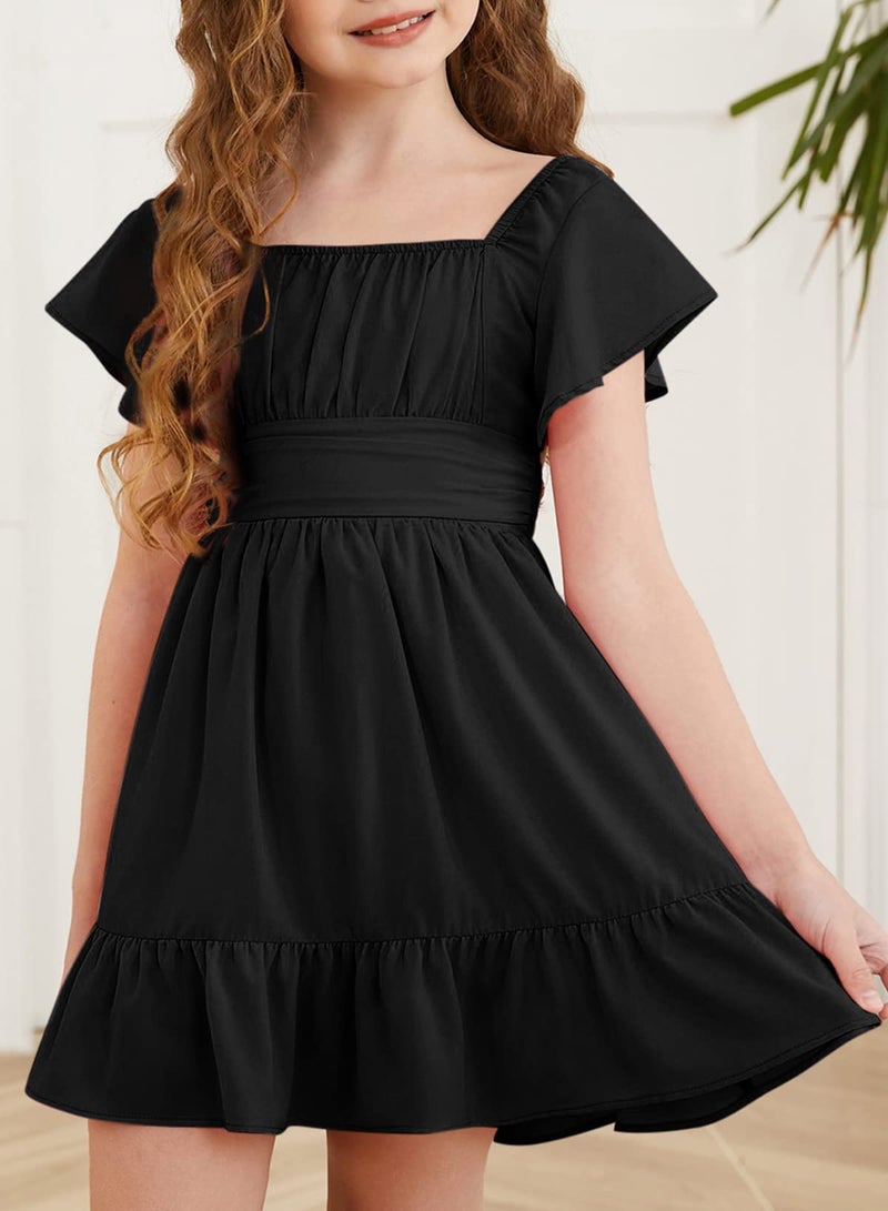 blibean Girls Summer Tie Back Dress Tween Kids Formal Boho Cold Shoulder Cute Dresses Ruffle Party Short Tulle Clothing Vestidos NiÃ±as Size 12-13 Years Old Black - Image 2