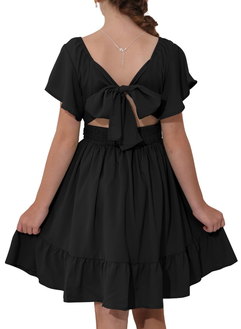 blibean Girls Summer Tie Back Dress Tween Kids Formal Boho Cold Shoulder Cute Dresses Ruffle Party Short Tulle Clothing Vestidos NiÃ±as Size 12-13 Years Old Black - Image 1