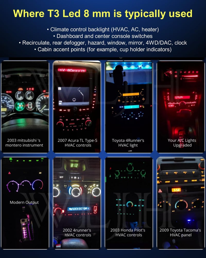 WLJH 10x White T3 Neo Wedge 3030 SMD Chipest 8mm Base Led Car Instrument Cluster Dashboard Gauge Bulb HVAC AC Heater Climate Controls Lamps Switch Indication Interior Light Replacement - Image 2